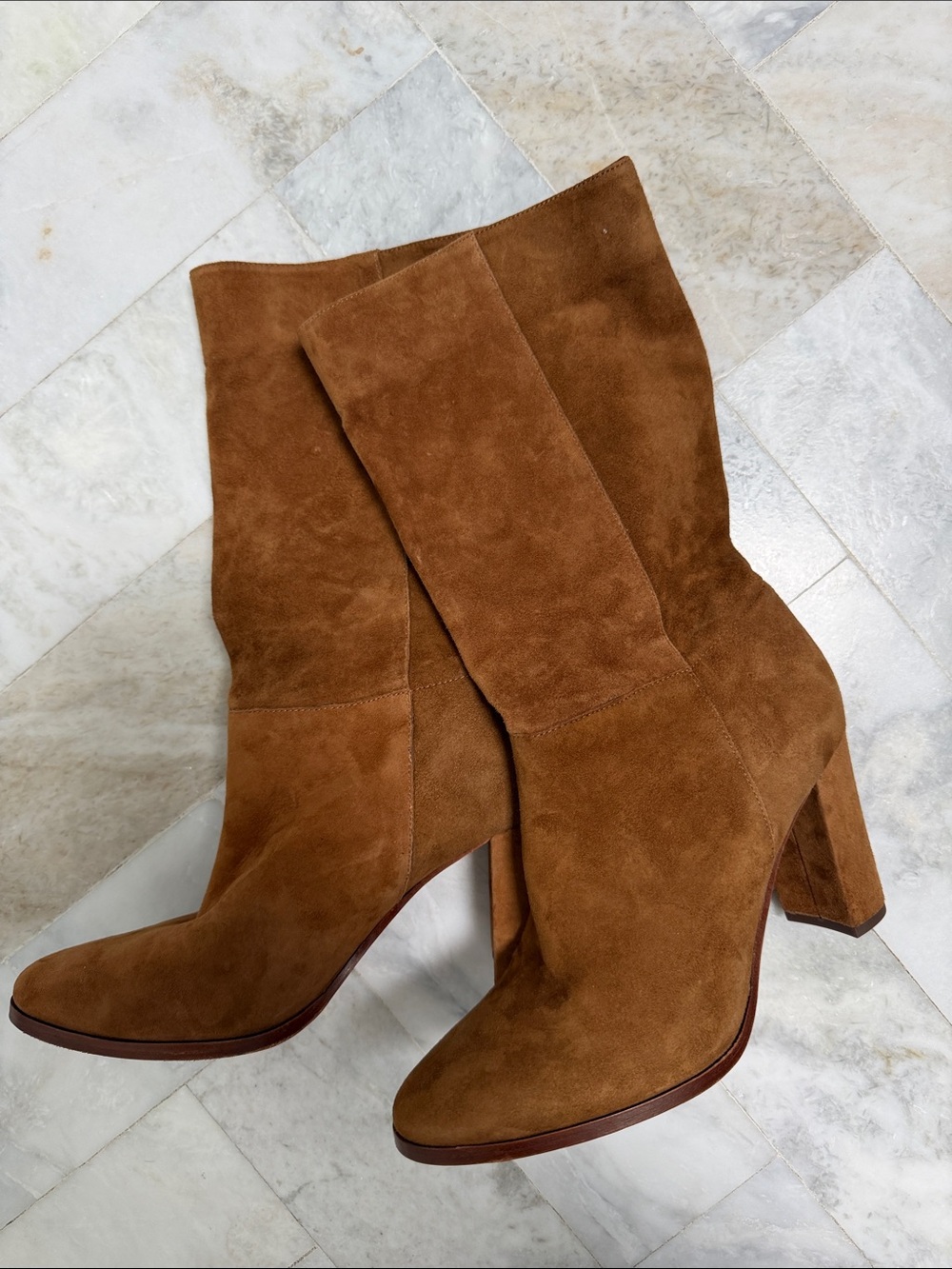 Ralph Lauren Tan Suede Mid-Calf Block Heel Boots